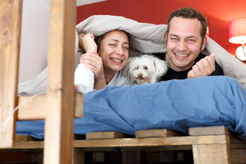 coppia di fidanzati sta nel letto con il proprio cagnolino maltese e ride divertita sotto il piumone