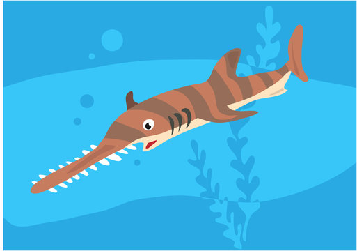 Vector image of fish sawfish on blue background with silhouette of waves and algae. Gift card for collecting for children.