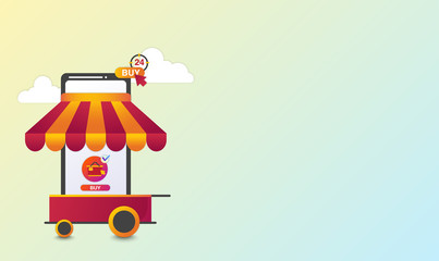 Online shopping concept, Mobile phone with cart.