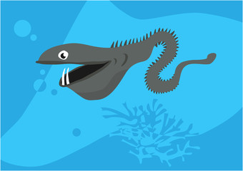 Vector image of fish catfish on blue background with silhouette of waves and algae. Gift card for collecting for children.
