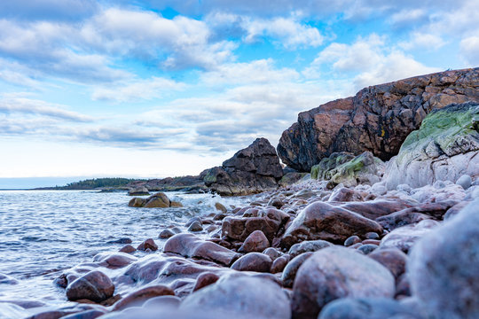 Waves in the Baltic Sea. Photo of Scandinavian nature. Swedish coast.