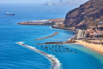 Motor boat bay on beach Playa de las Teresitas, Tenerife, Canary Islands, Spain