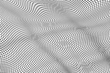 Abstract black and white wavy grid background. The geometric squared pattern. 3d vector mesh illustration. Distorted monochrome texture. Stripe deformation background. Dynamical rippled surface. 