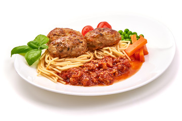 Baked Meatballs with spaghetti and tomato sauce, isolated on white background