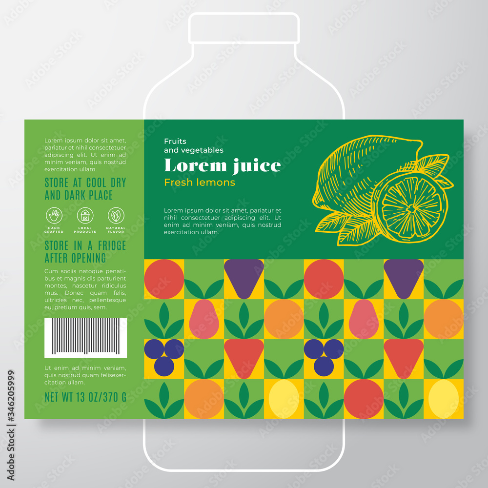 Wall mural fruit and vegetables pattern juice label template. abstract vector packaging design layout. modern t