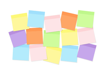 Colorful sticky note paper attached to board for memory notations, messages or tasks isolated on white background.