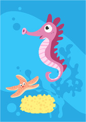 Vector image of fish seahorse on blue background with silhouette of waves and algae. Gift card for collecting for children.