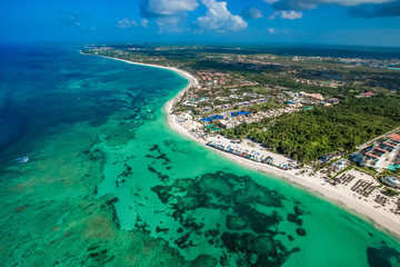 Punta Cana Bavaro beach aerial drone view  on tropical coastline in Cortecito area, Dominican republic  