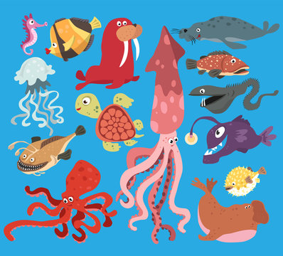 Vector greeting card bright color cartoon underwater world of marine life, fish, octopus, turtle