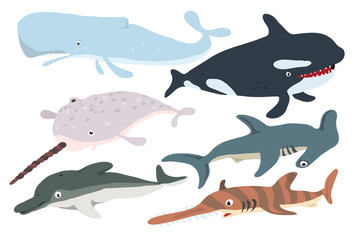 Vector set with underwater ocean fish, sperm whale , killer whale, narwhal, hammer fish, Dolphin, saw fish. - obrazy, fototapety, plakaty