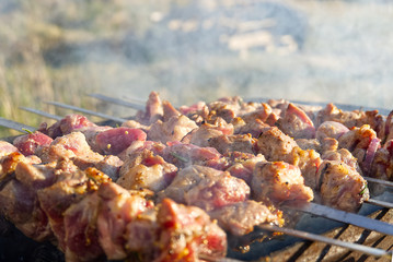 Cooking marinated shashlik on metal skewer on the grill. Backyard party background. cooking pork on skewers. BBQ on charcoal