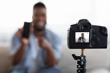 Vlogging From Home. Camera Recording Video Content For African American Blogger