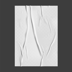 Glued paper with wet transparent wrinkled effect on gray background. White wet paper poster template with crumpled texture. Realistic vector posters mockup