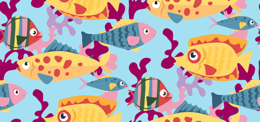 Vector seamless pattern bright colored cartoon fish swimming in the sea with algae and corals