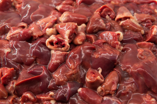 Chicken liver and heart.Background of chicken liver and heart.Liver and heart of broilers