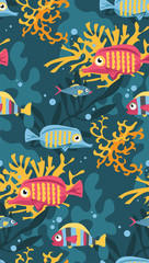 Fototapeta na wymiar Vector seamless pattern bright colored cartoon fish swimming in the sea with algae and corals