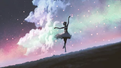 Gordijnen een ballerina die danst met vuurvliegjes op de heuvel tegen de nachtelijke hemel, digitale kunststijl, illustratie, schilderkunst © grandfailure