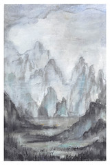 japanese cliffs month misty forest lake watercolor
