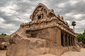 Naklejka premium The ancient Five Rathas temple complex in the Unesco heritage site of Mamallapuram in Tamil Nadu, India.