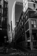 The City.
Black and white picture of one of the business district of  Liverpool Street, London, UK. You may see the famously 20 Fenchurch Street building.