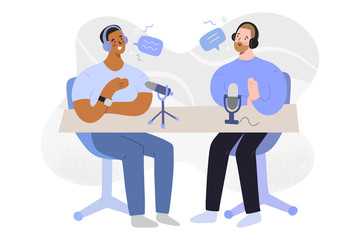 Radio interview, podcast host and guest talking, discussing and recording an audio program, vector cartoon illustration, characters in headphones with microphones, hand drawn flat art
