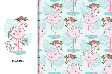 Hand drawn cute flamingo bird character. Poster and seamless pattern set. Cartoon style textile design illustration. Jungle animals and background.