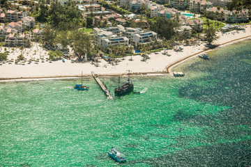 Punta Cana Bavaro beach aerial drone view  on tropical coastline in Cortecito area, Dominican republic  
