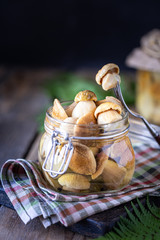 Mushrooms in a glass jar. Homemade fermented porcini mushrooms on a wooden dark background. One mushroom on a fork. Copy space.