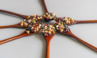 Collection of  bean in wooden spoons.dried legumes in wooden spoons place on the table   