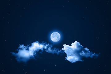 Naklejka na ściany i meble Fullmoon with white clouds and stars in night light filtered in blue tone