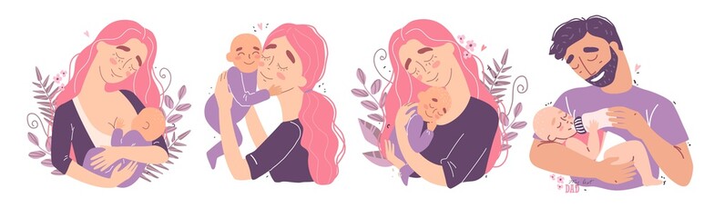 Young happy parents hug their newborn baby