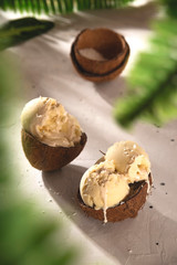 Coconut ice cream in a coconut shell among the shadows from the morning sun and green tropical branches. Summer cooling dessert