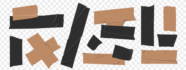 Set masking tape. Torn tape. Vector realistic black adhesive and yellow masking tape pieces. Isolated vector illustration