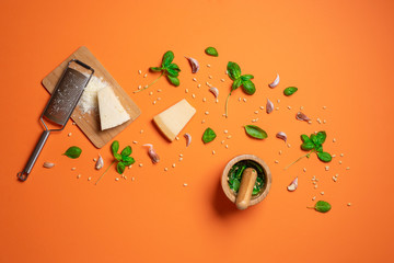 Making pesto sauce and ingredients. Authentic Italian pesto recipe