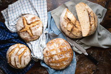 Sourdough white bread top view. Sliced bread.