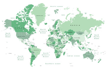 Illustration of a world map in shades of green, showing country names, State names (USA & Australia), capital cities, major lakes and oceans. Print at no less than 36". Jpeg no need for vector program