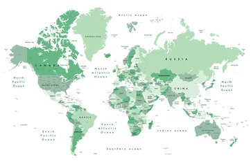 Papier Peint photo Lavable Carte du monde Illustration of a world map in shades of green, showing country names, State names (USA & Australia), capital cities, major lakes and oceans. Print at no less than 36". Jpeg no need for vector program