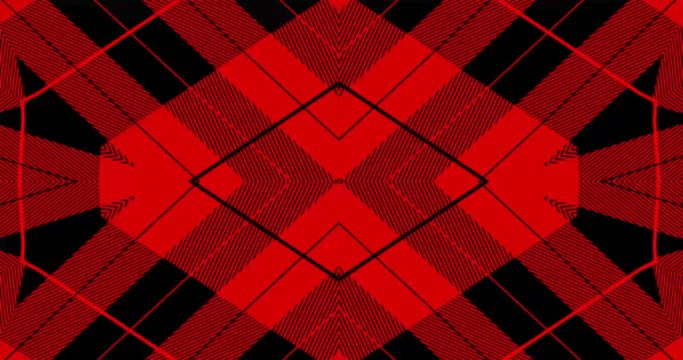 loop sequence of motion background video. Red and black tartan stripes style graphic pattern in kaleidoscopic motion effects.