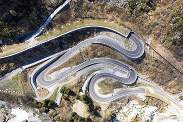 Aerial view of the famous Gotthard pass mountain road near Andermatt in Canton Uri in Switzerland in the alps