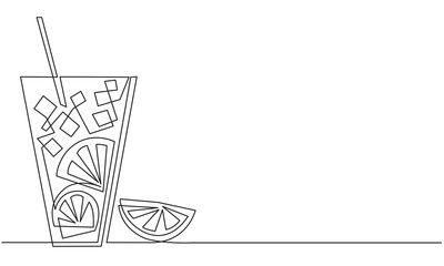 Lemonade. Glass of water with lemon and ice. A refreshing citrus drink. Detox. Diet food. Continuous line drawing. Vector sketch.