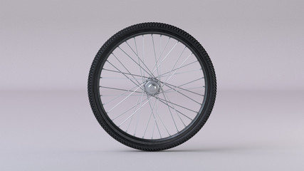 Black bicycle wheel with chrome needles on the white background. 3d render.
