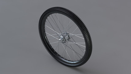 Naklejka premium Black bicycle wheel with chrome needles on the gray background. 3d render.