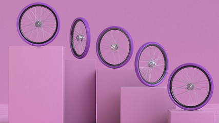 The group of colorful bicycle wheels with chrome needles on the pedestals. 3d render.
