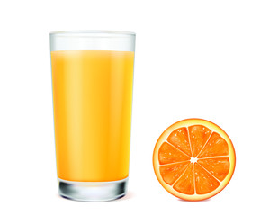 glass of orange juice and a fresh orange on a white background