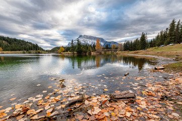 Fototapeta premium Cascade ponds with mount rundle and wooden bridge in autumn forest at Banff national park