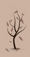 Cute autumn vector illustration. Isolated tree with dry brown leaves falling down. Pouring rain. Sad fall scenery. Bare black trunk and branches. Simple seasonal landscape. Symbols of solitude.