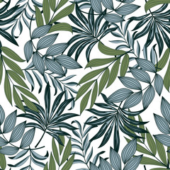 Abstract seamless tropical pattern with bright plants and leaves on a light background. 
Beautiful seamless vector floral pattern. Modern abstract design for fabric, paper, interior decor.