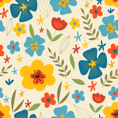 Fototapeta na wymiar Seamless floral pattern. Cute pattern with flat multi-colored flowers .Multicolor stylized flowers and leaves.For fabric, Wallpaper, wrapping paper design,botanical wrapping paper