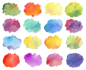 Watercolor paint stains isolated in white background. Set of background.