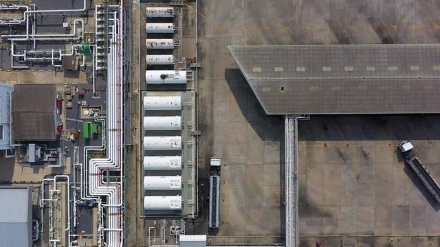 Aerial view white storage tank gas in station LPG gas, LNG or LPG distribution station facility, Oil and gas fuel manufacturing industry.